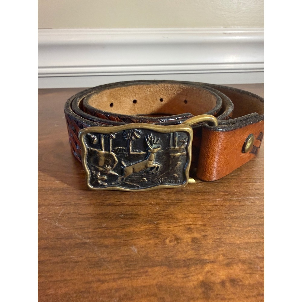 Vintage 1983 BTS Solid Brass Deer Buckle Basketweave Brown Leather Belt USA Made
